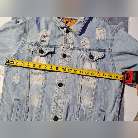 Rolling Paper men's distressed denim jean jacket light wash Piant Splat Size L - Picture 12 of 16